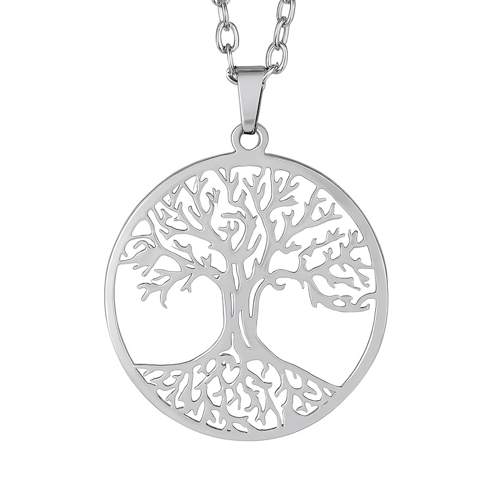 Stainless Steel Tree of Life Pendant Necklace Round Cutout 24” Chain